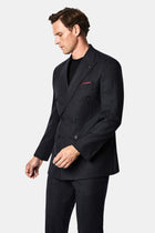 Siyah Lacivert 7 Drop Slim Fit Sivri Yaka Kruvaze Düz Yünlü Beli Lastikli Takım Elbise