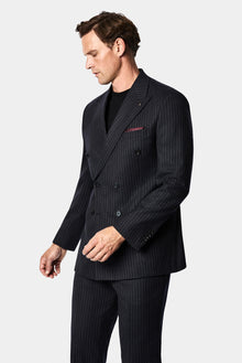 Siyah Lacivert 7 Drop Slim Fit Sivri Yaka Kruvaze Düz Yünlü Beli Lastikli Takım Elbise