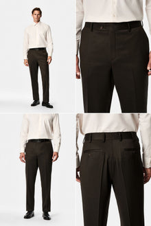 Koyu Kahve 4 Drop Relaxed Fit Rahat Kesim Mono Yaka Desenli Yünlü Takım Elbise