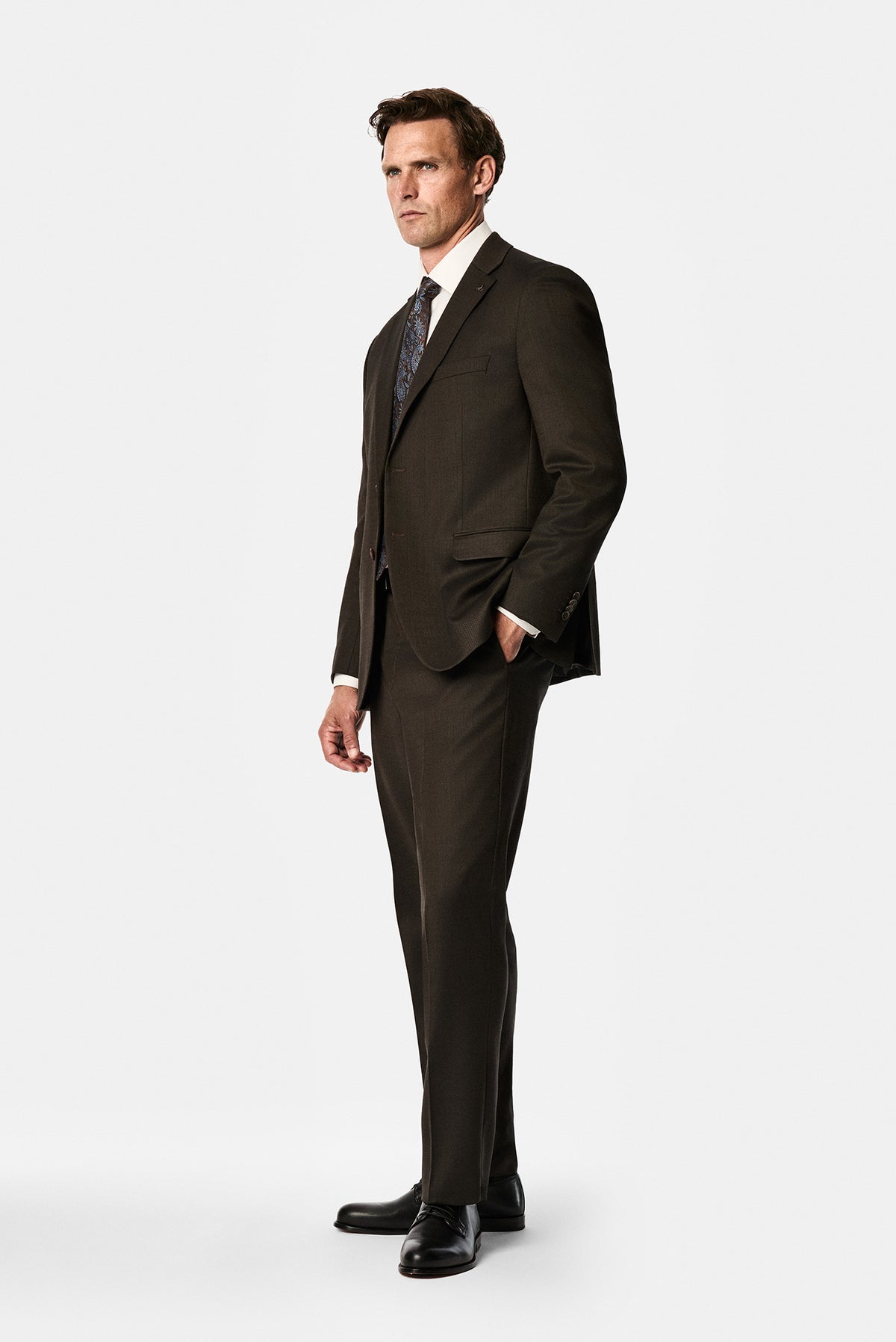 Koyu Kahve 4 Drop Relaxed Fit Rahat Kesim Mono Yaka Desenli Yünlü Takım Elbise
