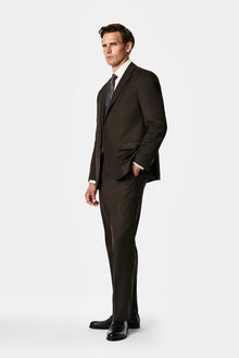 Koyu Kahve 4 Drop Relaxed Fit Rahat Kesim Mono Yaka Desenli Yünlü Takım Elbise