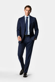Orta Lacivert 6 Drop Regular Fit Standart Kesim Mono Yaka %100 Yün Çizgili İtalyan Takım Elbise
