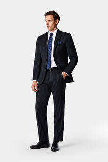 Koyu Lacivert 6 Drop Regular Fit Standart Kesim Mono Yaka %100 Yün Çizgili İtalyan Takım Elbise