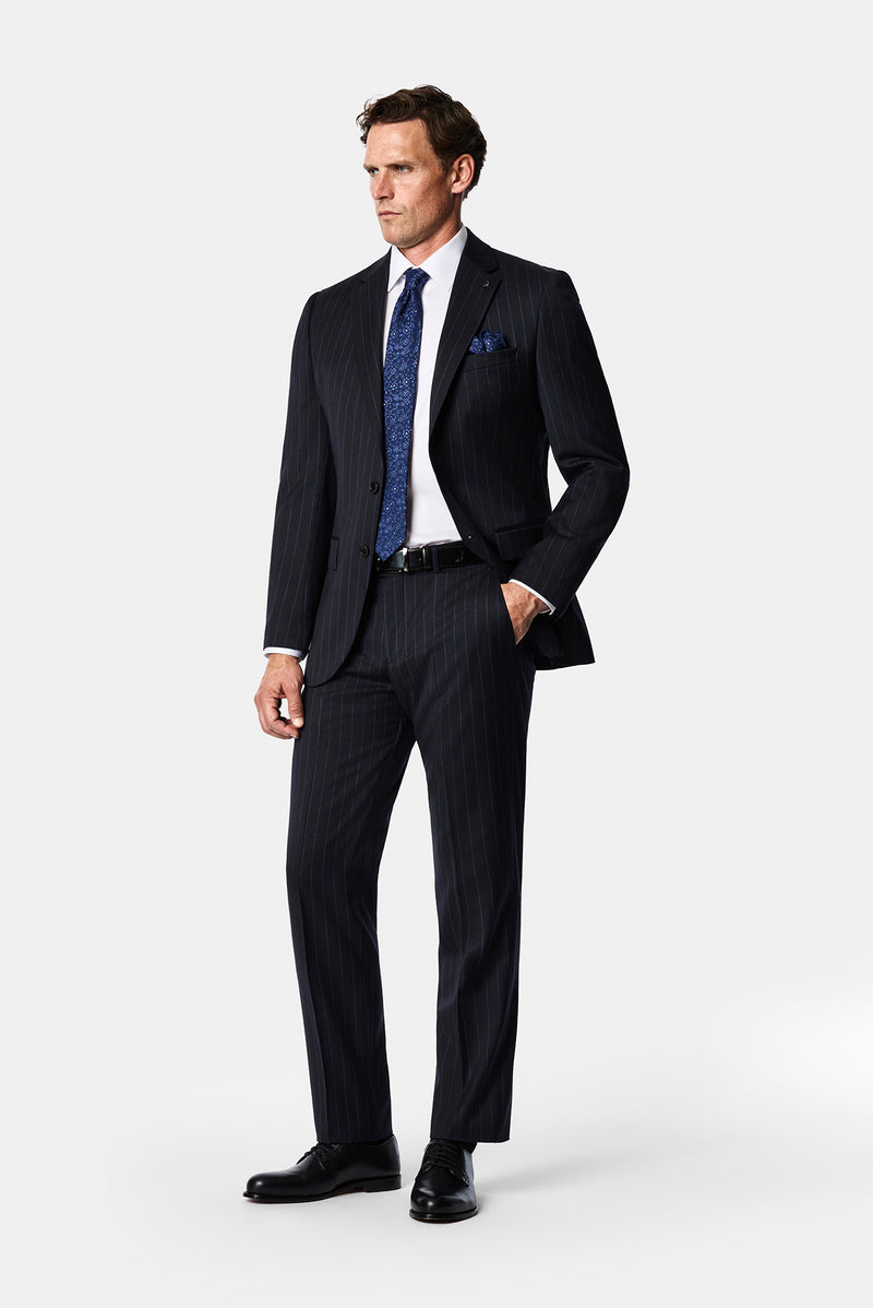 Koyu Lacivert 6 Drop Regular Fit Standart Kesim Mono Yaka %100 Yün Çizgili İtalyan Takım Elbise