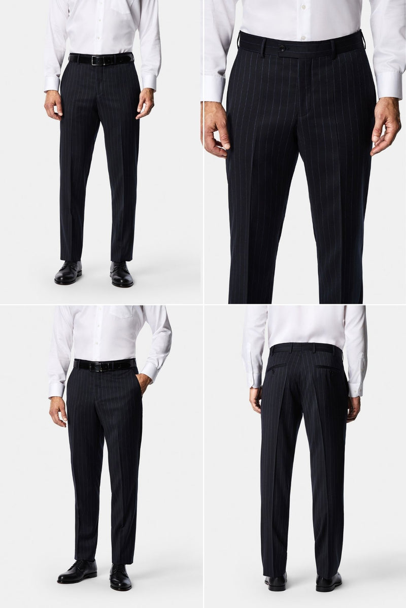 Koyu Lacivert 6 Drop Regular Fit Standart Kesim Mono Yaka %100 Yün Çizgili İtalyan Takım Elbise
