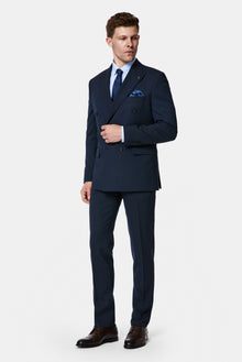 Koyu Lacivert 7 Drop Slim Fit Dar Kesim Yünlü Desenli Kruvaze Takım Elbise