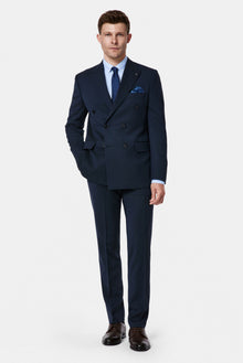Koyu Lacivert 7 Drop Slim Fit Dar Kesim Yünlü Desenli Kruvaze Takım Elbise