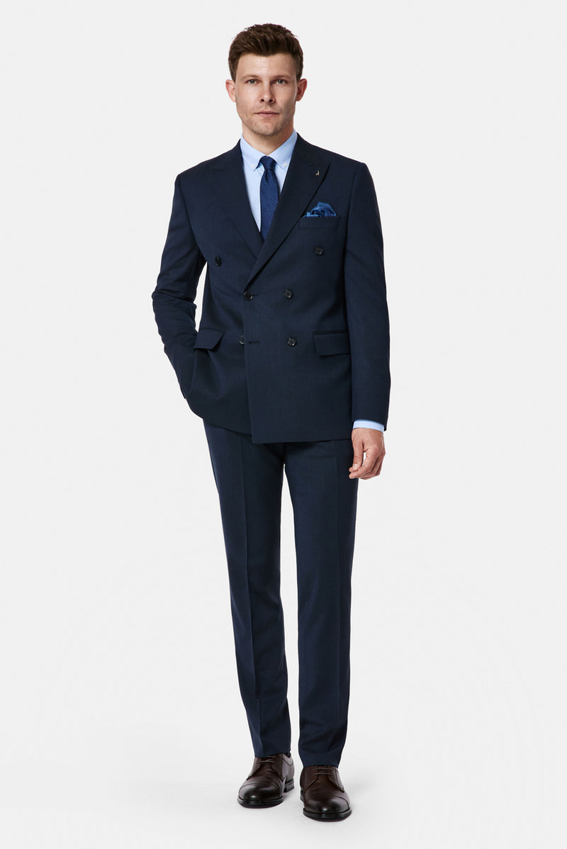 Koyu Lacivert 7 Drop Slim Fit Dar Kesim Yünlü Desenli Kruvaze Takım Elbise