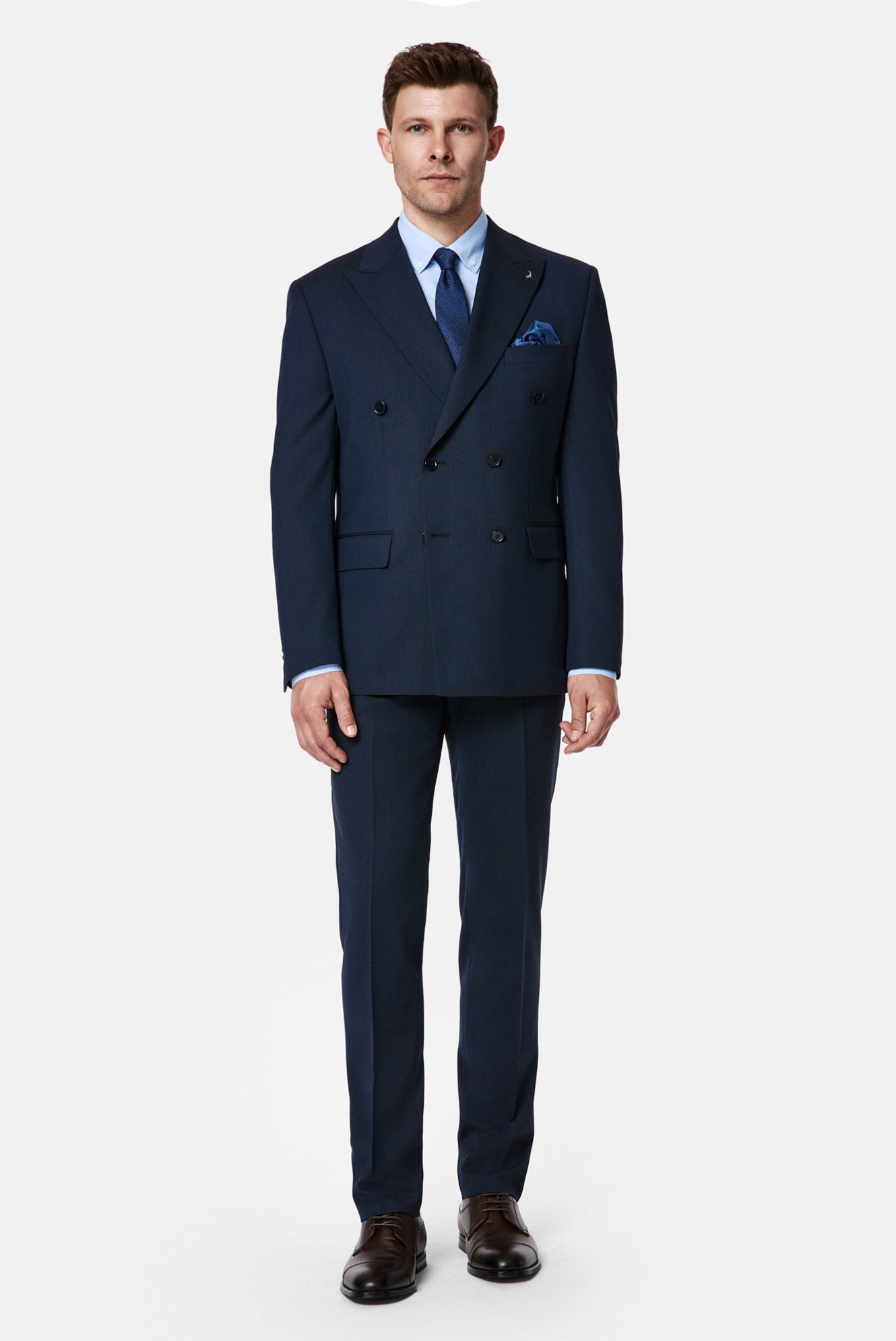 Koyu Lacivert 7 Drop Slim Fit Dar Kesim Yünlü Desenli Kruvaze Takım Elbise