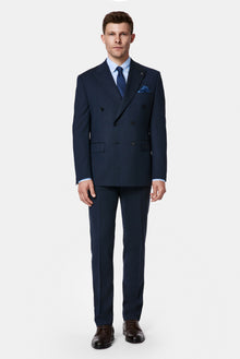 Koyu Lacivert 7 Drop Slim Fit Dar Kesim Yünlü Desenli Kruvaze Takım Elbise