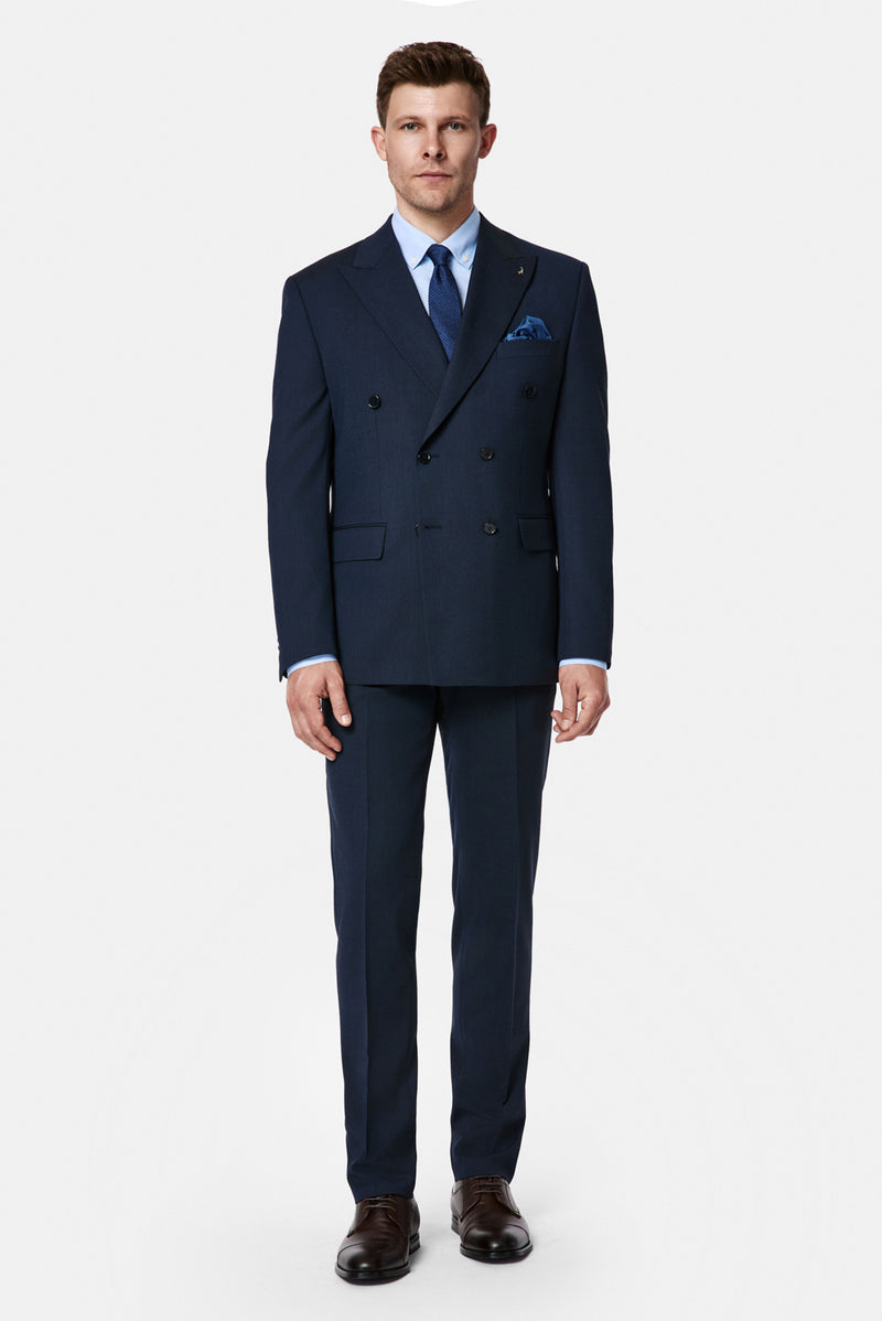 Koyu Lacivert 7 Drop Slim Fit Dar Kesim Yünlü Desenli Kruvaze Takım Elbise