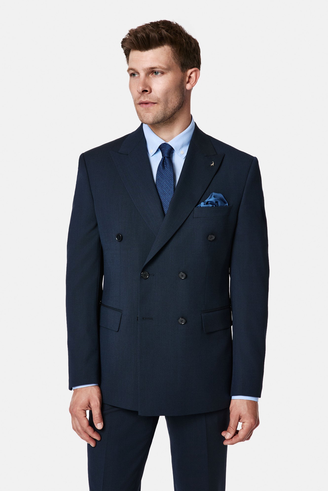 Koyu Lacivert 7 Drop Slim Fit Dar Kesim Yünlü Desenli Kruvaze Takım Elbise