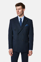 Koyu Lacivert 7 Drop Slim Fit Dar Kesim Yünlü Desenli Kruvaze Takım Elbise