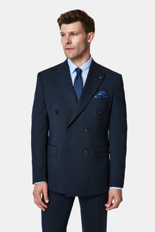 Koyu Lacivert 7 Drop Slim Fit Dar Kesim Yünlü Desenli Kruvaze Takım Elbise