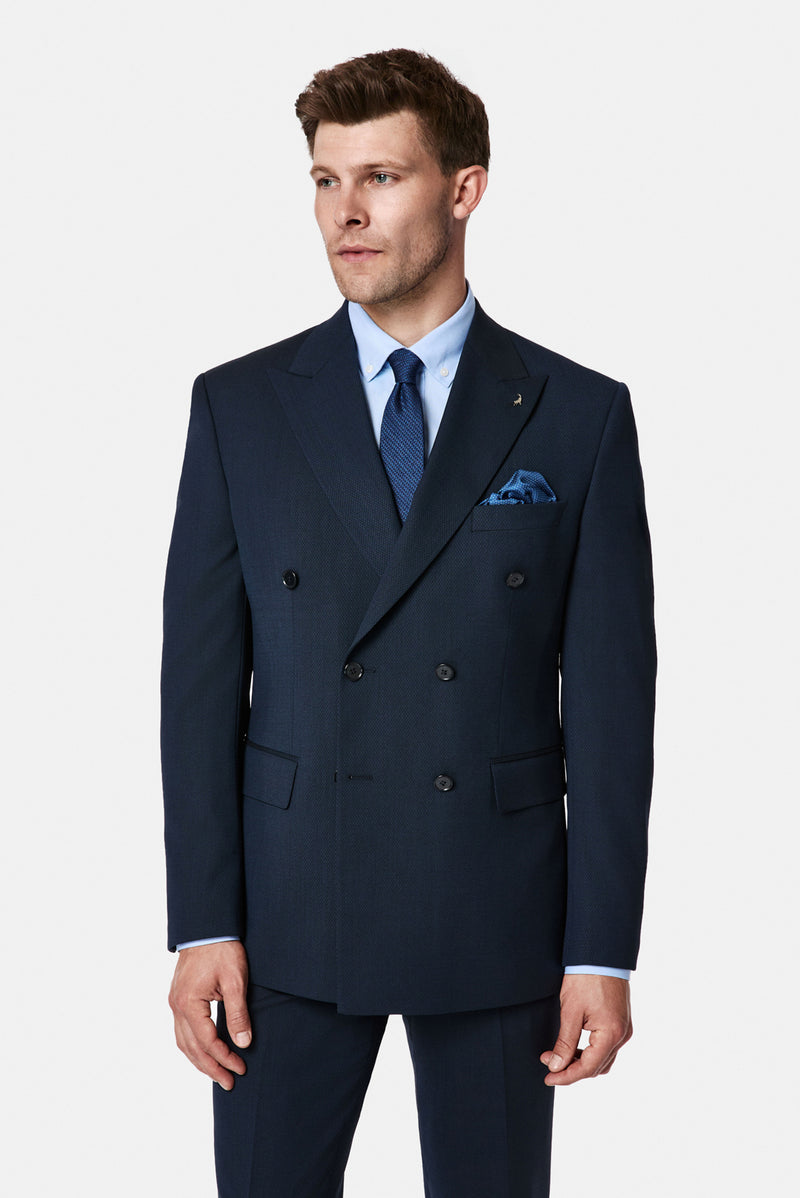 Koyu Lacivert 7 Drop Slim Fit Dar Kesim Yünlü Desenli Kruvaze Takım Elbise