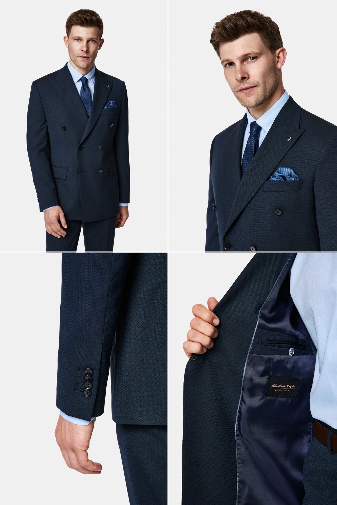 Koyu Lacivert 7 Drop Slim Fit Dar Kesim Yünlü Desenli Kruvaze Takım Elbise
