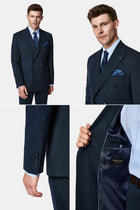 Koyu Lacivert 7 Drop Slim Fit Dar Kesim Yünlü Desenli Kruvaze Takım Elbise