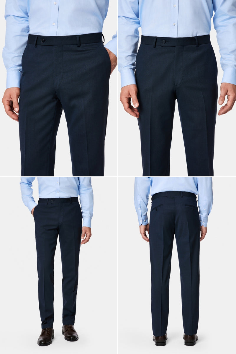 Koyu Lacivert 7 Drop Slim Fit Dar Kesim Yünlü Desenli Kruvaze Takım Elbise