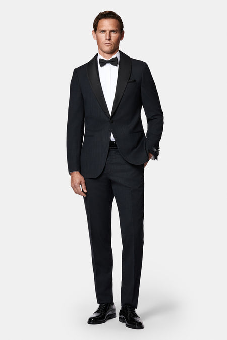 Siyah Lacivert 7 Drop Slim Fit Dar Kesim Şal Yaka Desenli Yünlü Smokin & Damatlık
