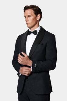 Siyah Lacivert 7 Drop Slim Fit Dar Kesim Şal Yaka Desenli Yünlü Smokin & Damatlık
