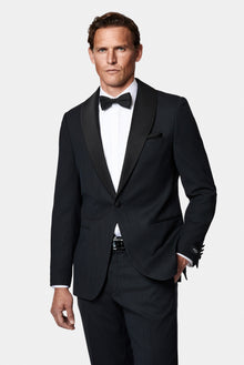Siyah Lacivert 7 Drop Slim Fit Dar Kesim Şal Yaka Desenli Yünlü Smokin & Damatlık