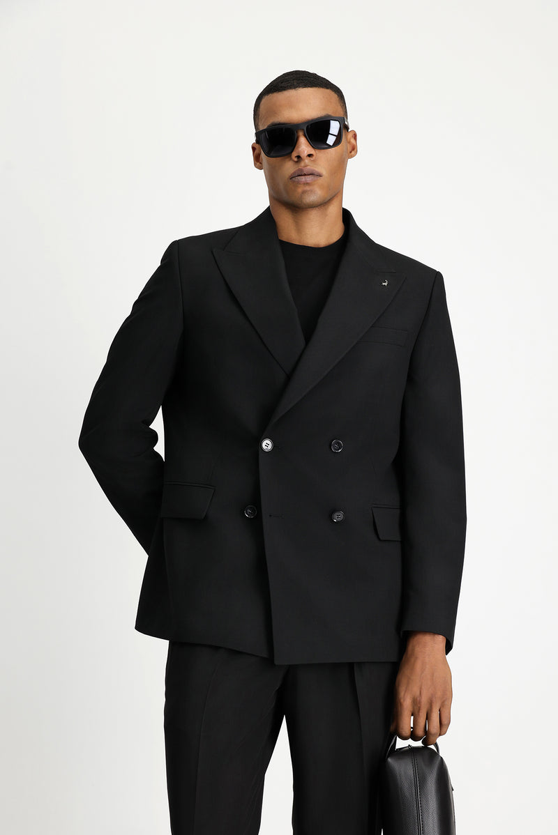 Siyah Oversize Ekstra Rahat Kalıp Kruvaze Takım Elbise