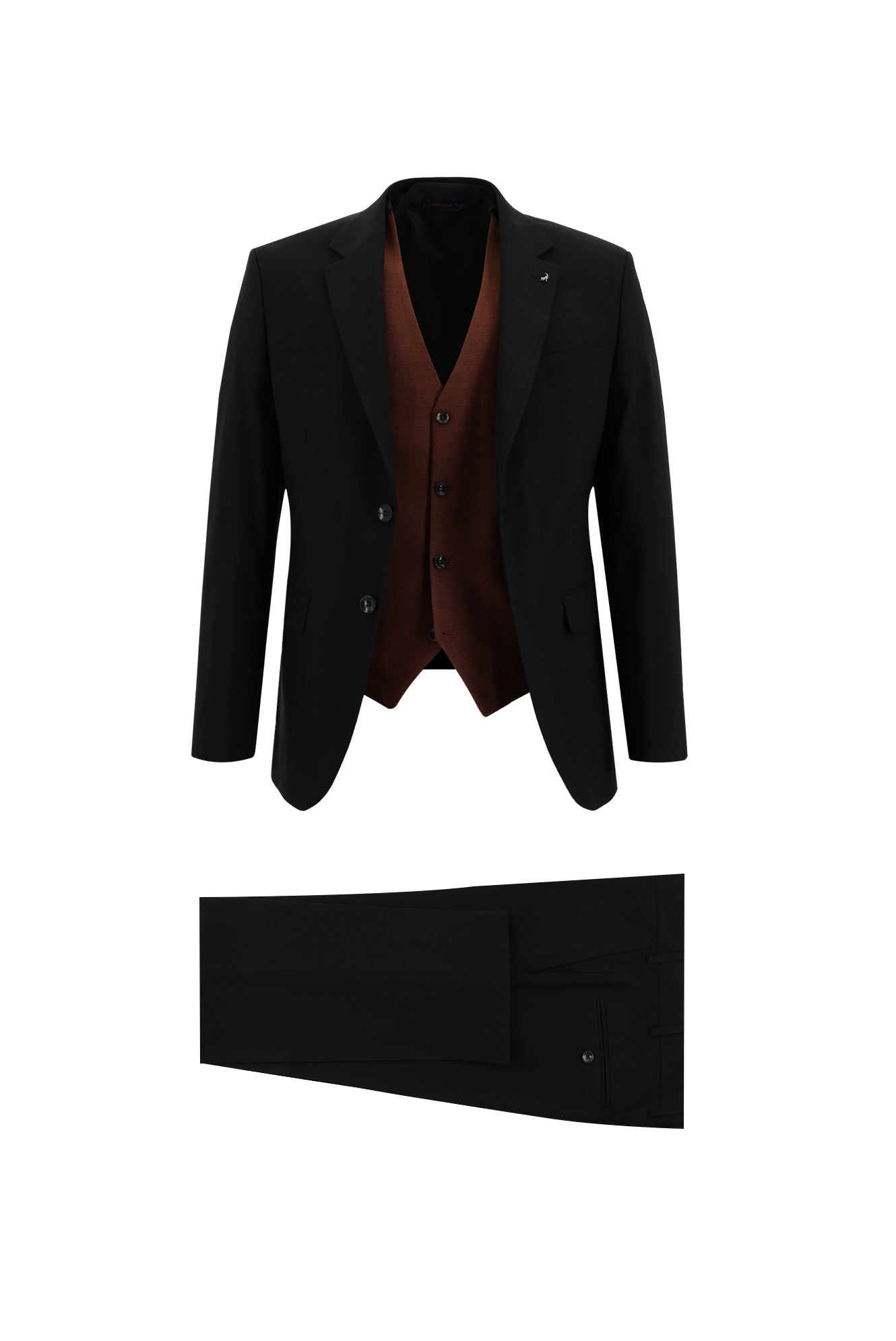 Siyah Slim Fit Dar Kesim Yünlü Kombinli Yelekli Takım Elbise