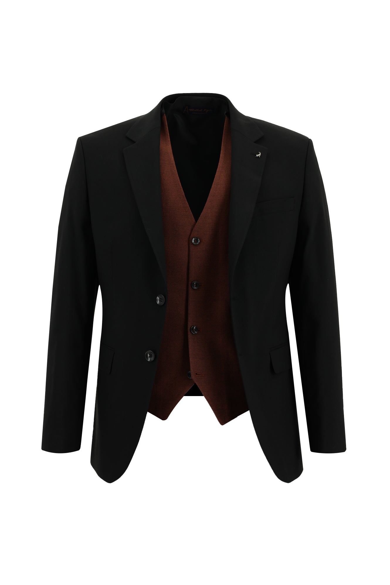 Siyah Slim Fit Dar Kesim Yünlü Kombinli Yelekli Takım Elbise