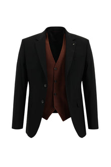 Siyah Slim Fit Dar Kesim Yünlü Kombinli Yelekli Takım Elbise