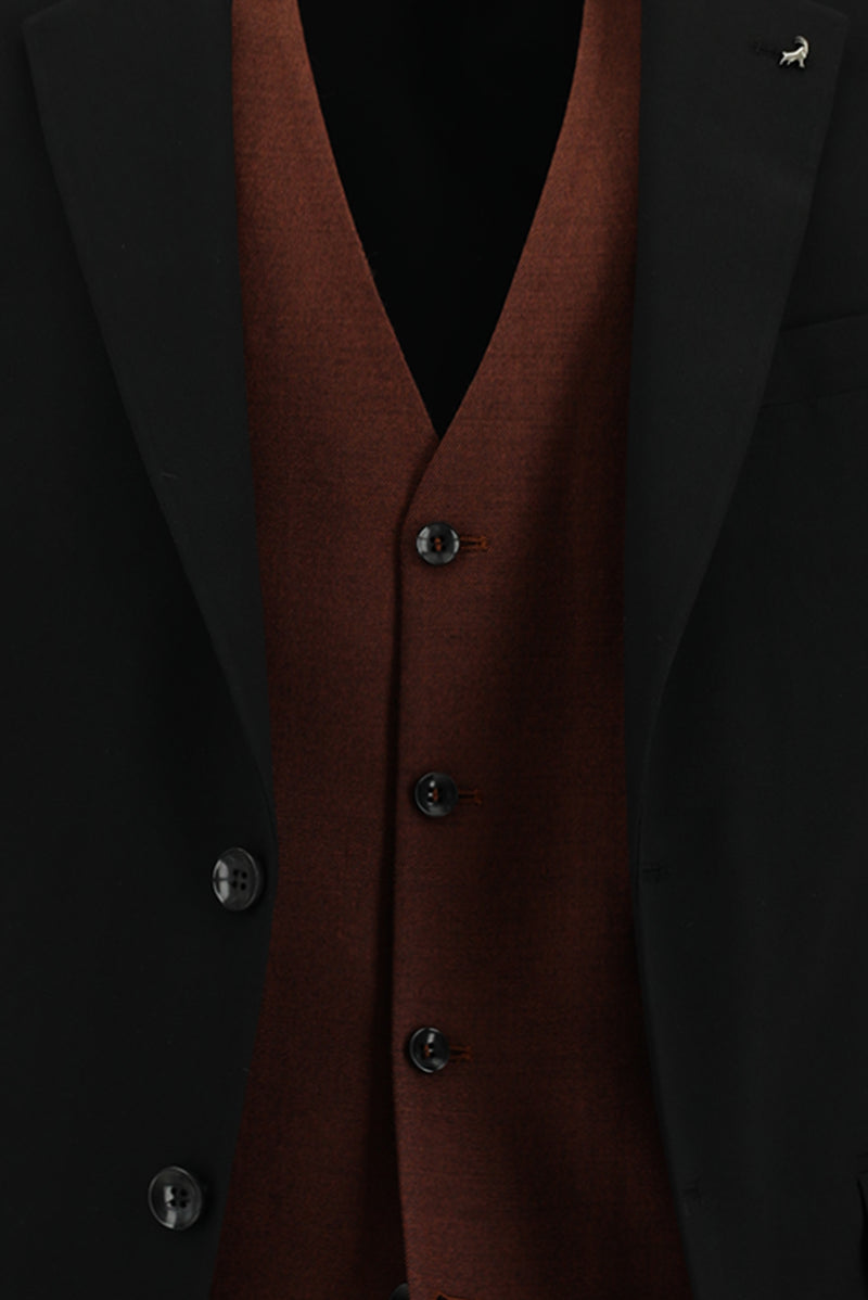 Siyah Slim Fit Dar Kesim Yünlü Kombinli Yelekli Takım Elbise