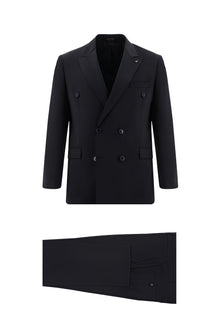 Siyah Slim Fit Dar Kesim Yünlü Kruvaze Takım Elbise