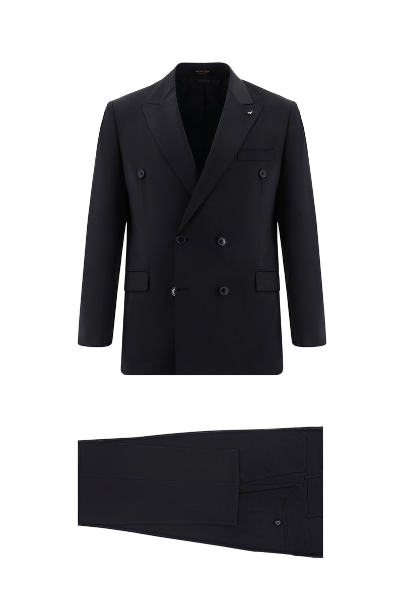 Siyah Slim Fit Dar Kesim Yünlü Kruvaze Takım Elbise