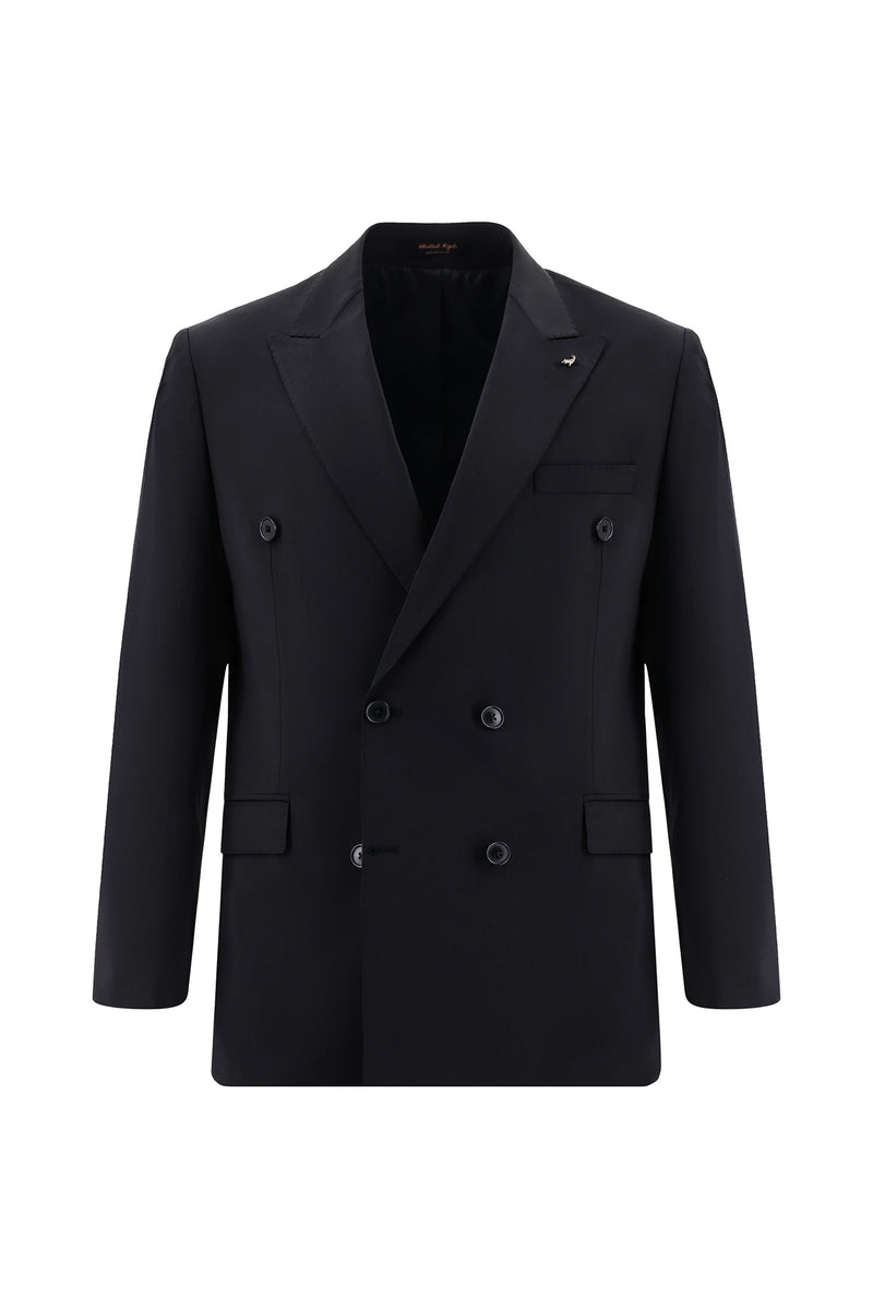 Siyah Slim Fit Dar Kesim Yünlü Kruvaze Takım Elbise
