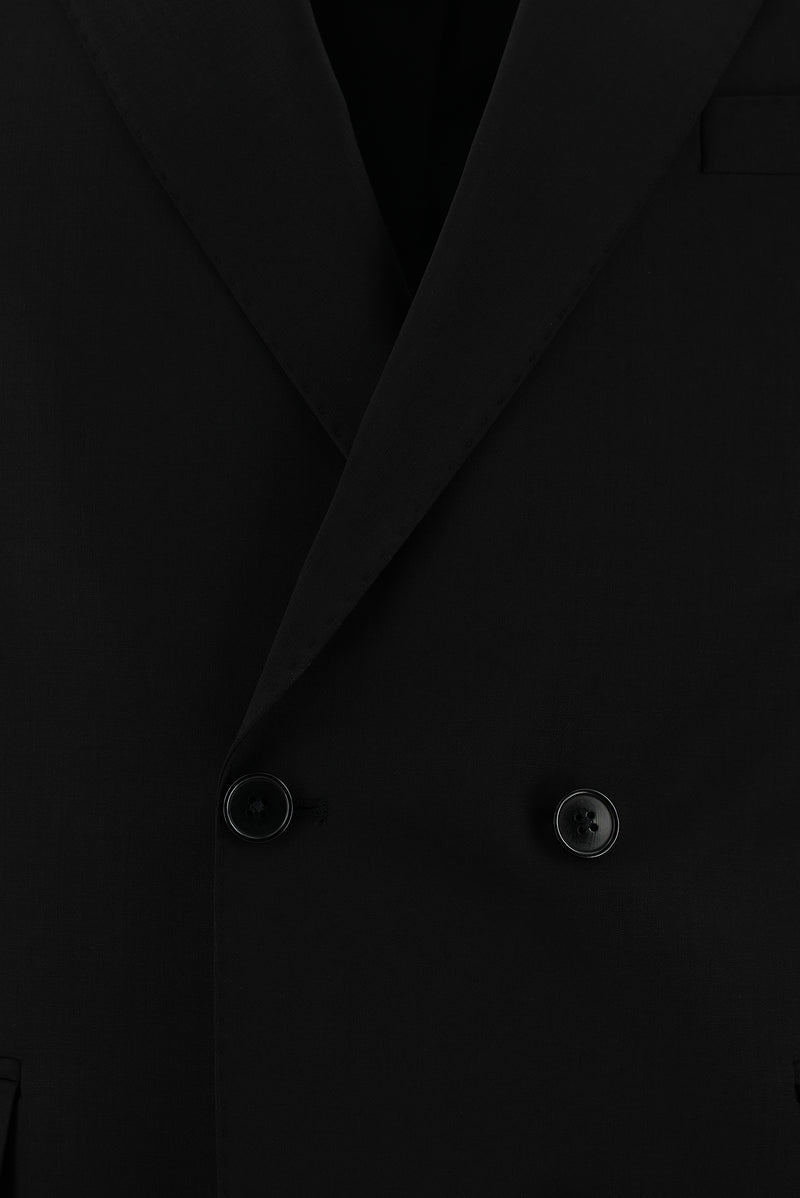 Siyah Slim Fit Dar Kesim Yünlü Kruvaze Takım Elbise