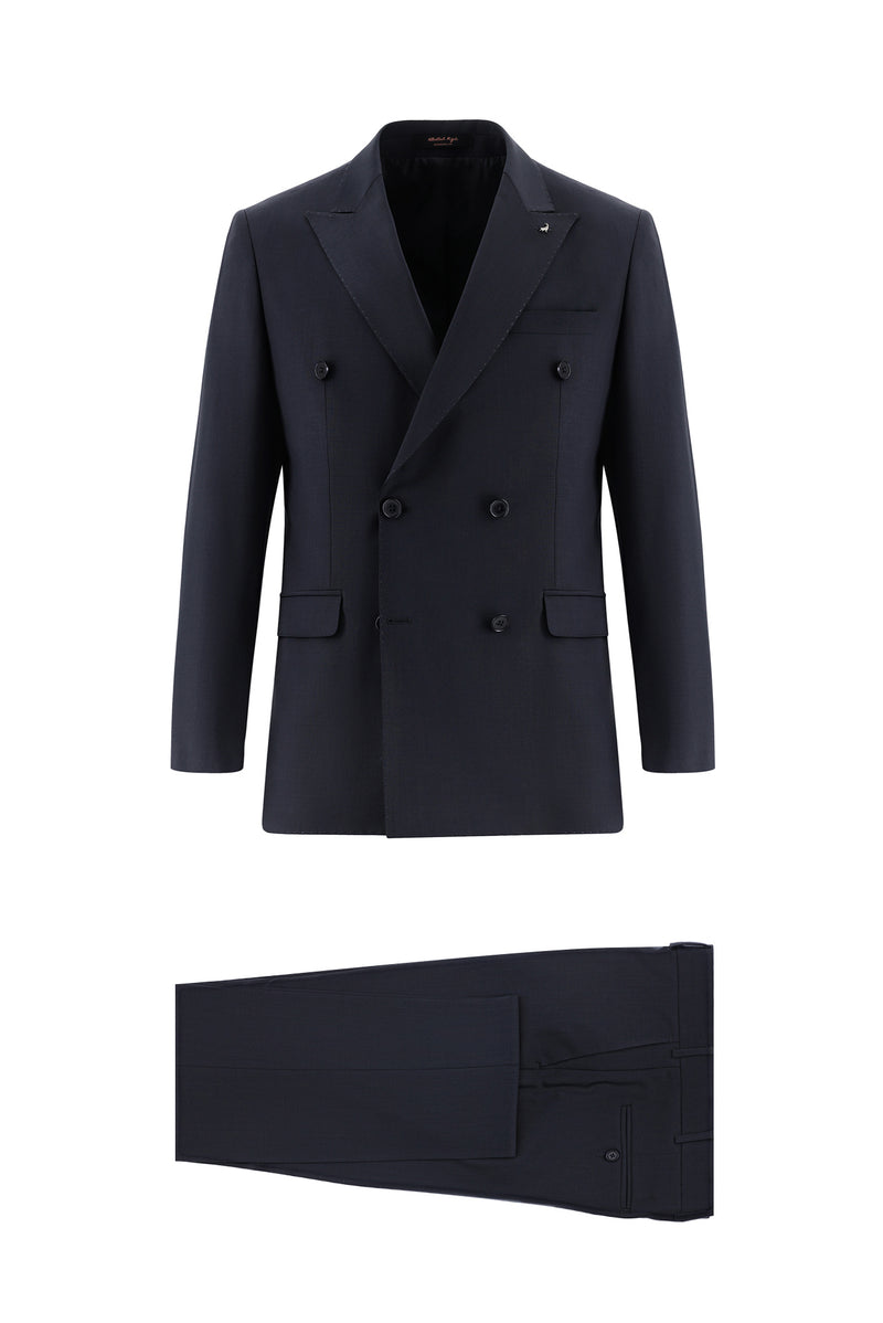 Koyu Füme Slim Fit Dar Kesim Yünlü Kruvaze Takım Elbise