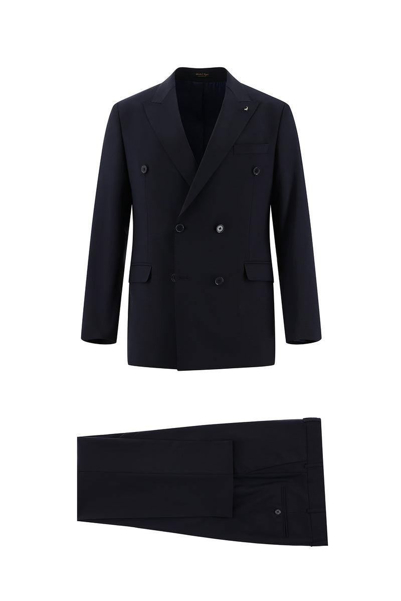 Koyu Lacivert Slim Fit Dar Kesim Yünlü Kruvaze Takım Elbise