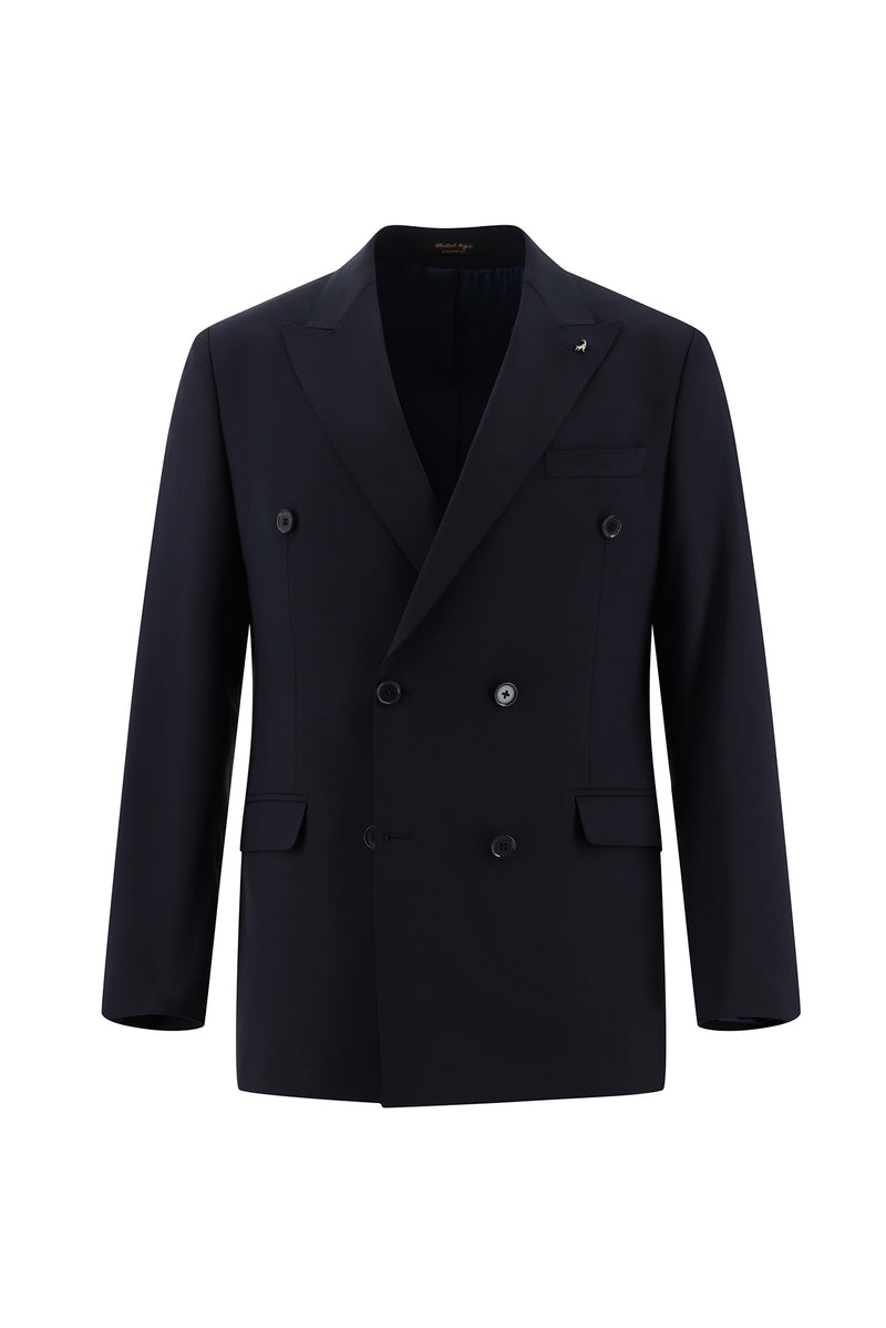 Koyu Lacivert Slim Fit Dar Kesim Yünlü Kruvaze Takım Elbise