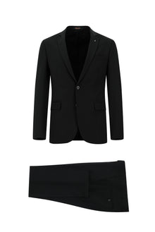 Siyah Super Slim Fit Ekstra Dar Kesim Yünlü Klasik Takım Elbise