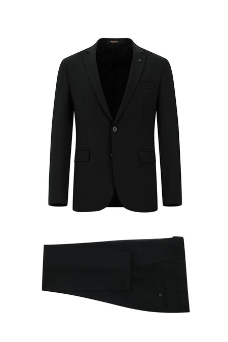 Siyah Super Slim Fit Ekstra Dar Kesim Yünlü Klasik Takım Elbise