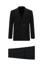 Siyah Slim Fit Dar Kesim Yünlü Kruvaze Takım Elbise