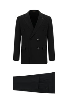 Siyah Slim Fit Dar Kesim Yünlü Kruvaze Takım Elbise