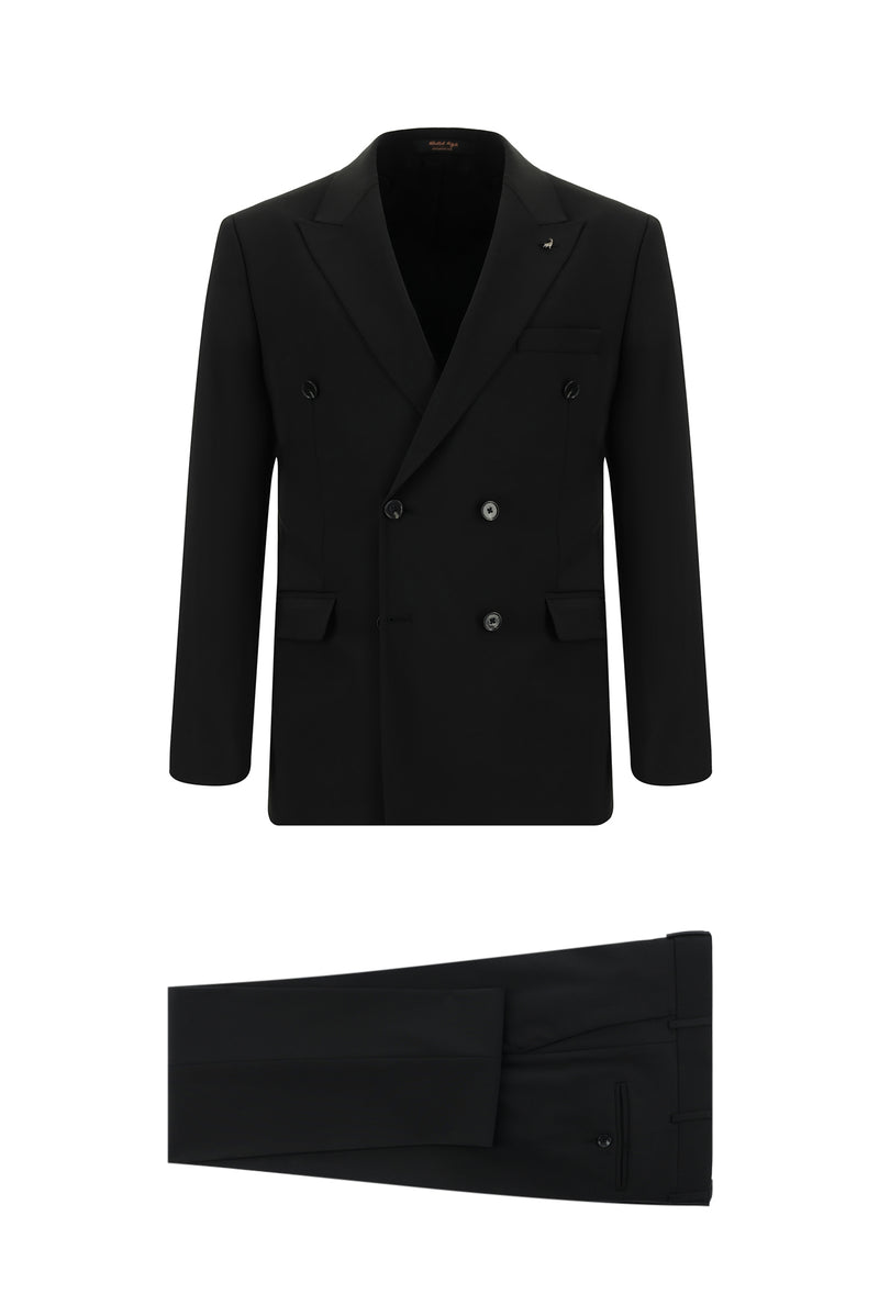 Siyah Slim Fit Dar Kesim Yünlü Kruvaze Takım Elbise
