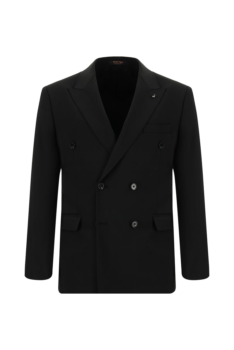 Siyah Slim Fit Dar Kesim Yünlü Kruvaze Takım Elbise