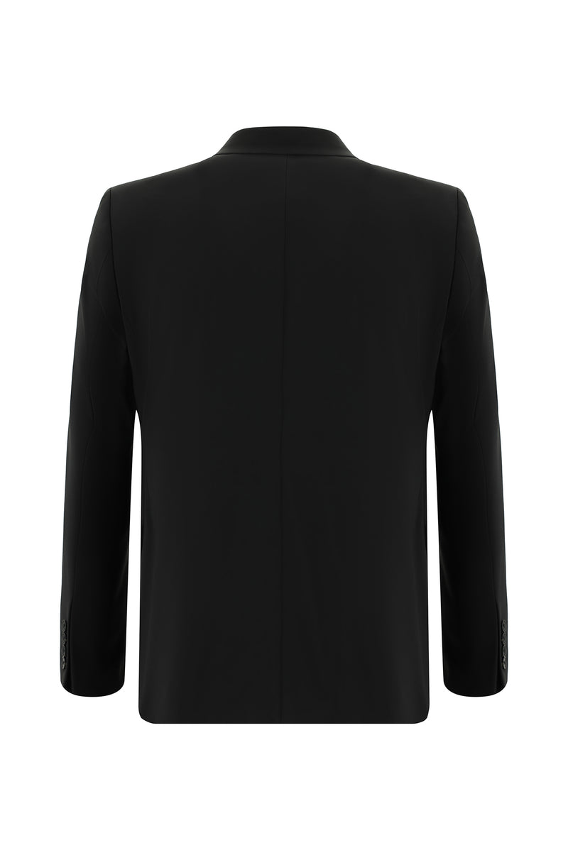 Siyah Slim Fit Dar Kesim Yünlü Kruvaze Takım Elbise