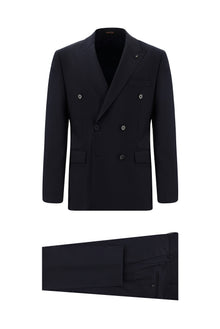 Koyu Lacivert Slim Fit Dar Kesim Yünlü Kruvaze Takım Elbise