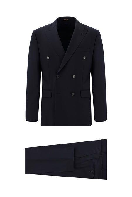 Koyu Lacivert Slim Fit Dar Kesim Yünlü Kruvaze Takım Elbise