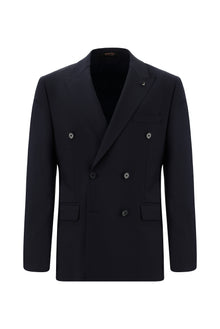 Koyu Lacivert Slim Fit Dar Kesim Yünlü Kruvaze Takım Elbise