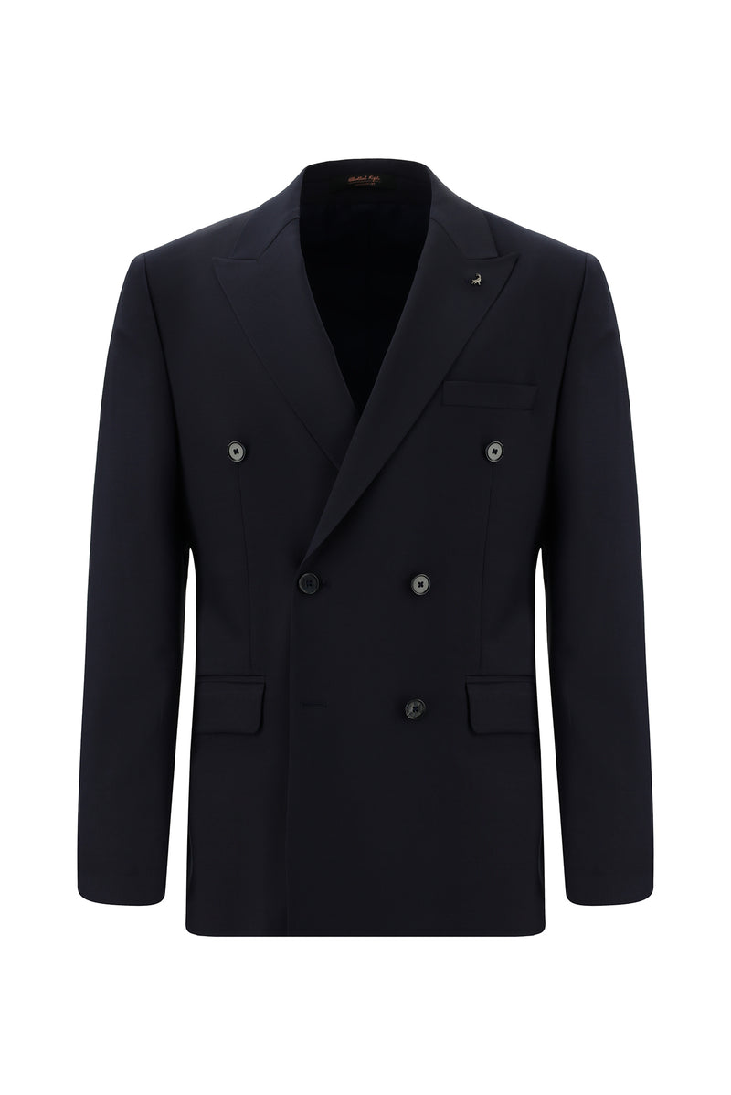 Koyu Lacivert Slim Fit Dar Kesim Yünlü Kruvaze Takım Elbise