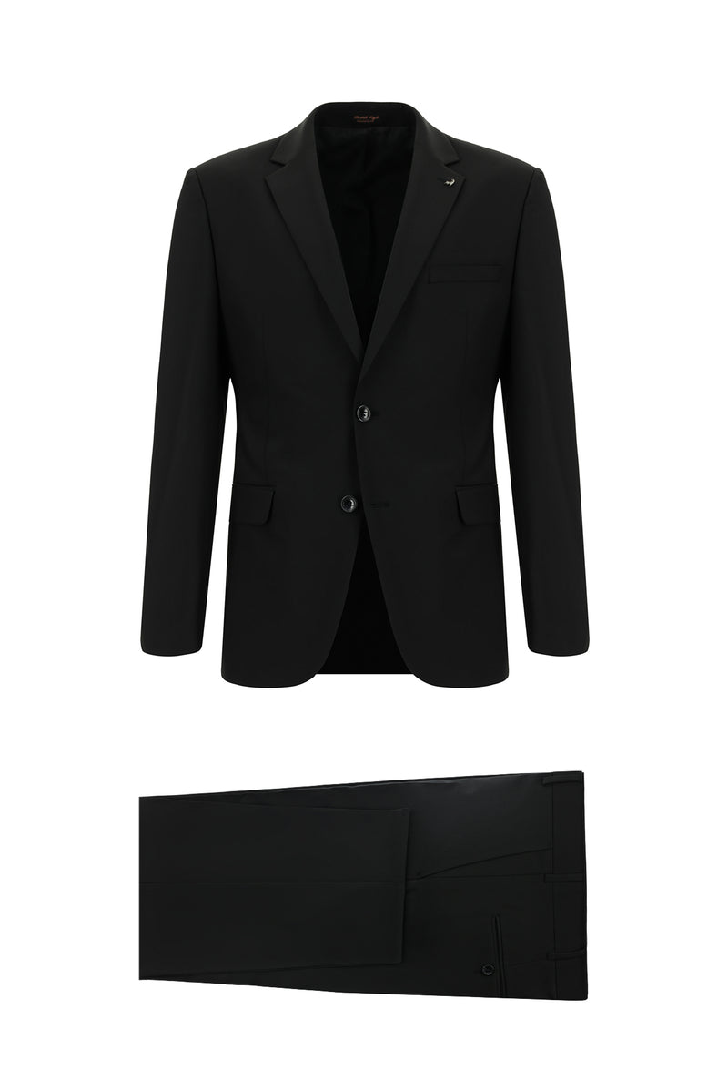 Siyah Slim Fit Dar Kesim Yünlü Klasik Takım Elbise