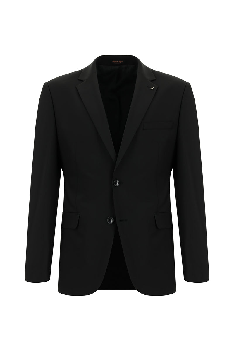 Siyah Slim Fit Dar Kesim Yünlü Klasik Takım Elbise